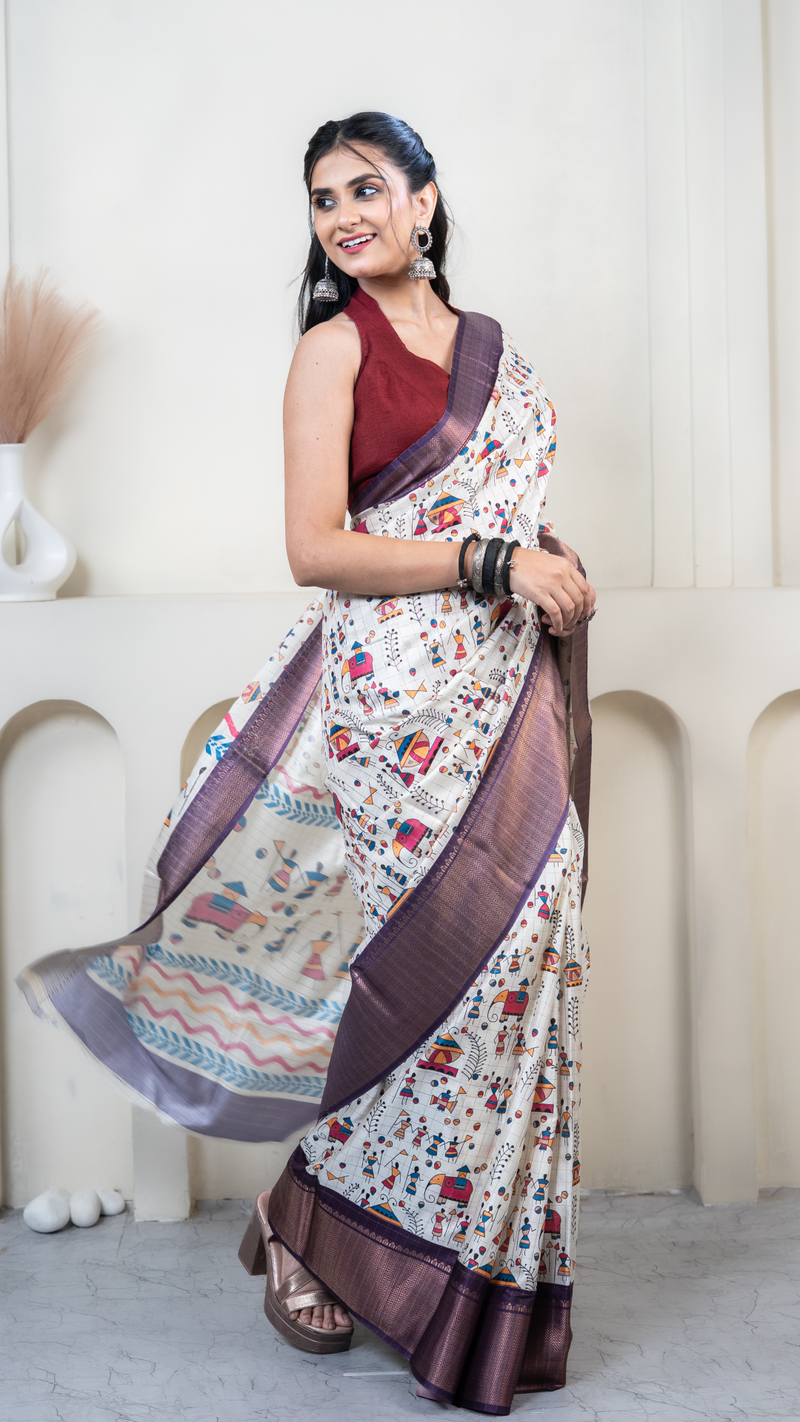 White Warli Print Silk Saree with Purple Border