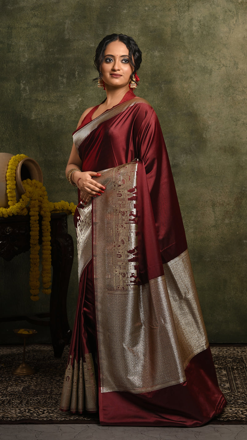 Dark Maroon Ghat Mashru Banarasi Saree