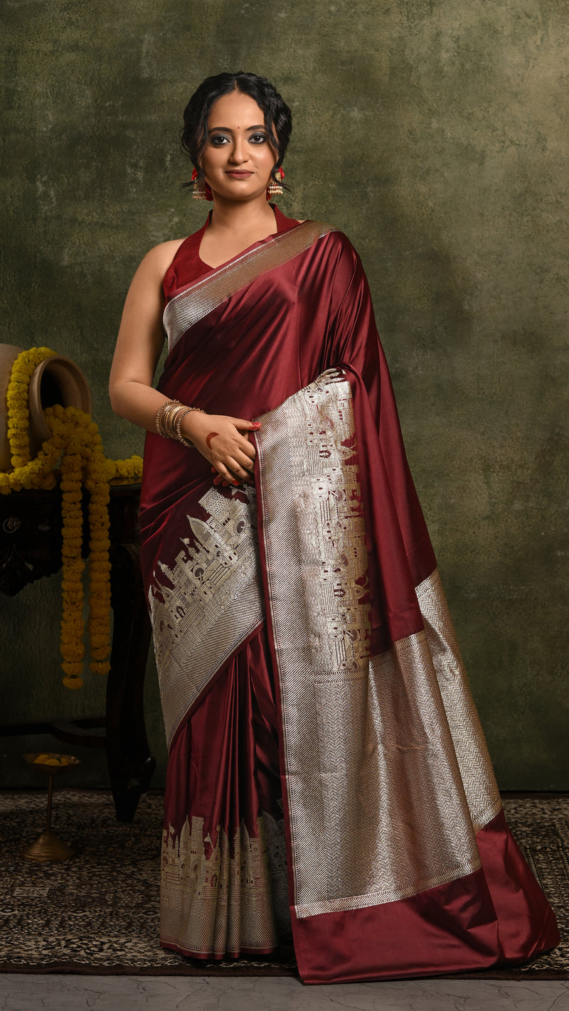 Dark Maroon Ghat Mashru Banarasi Saree