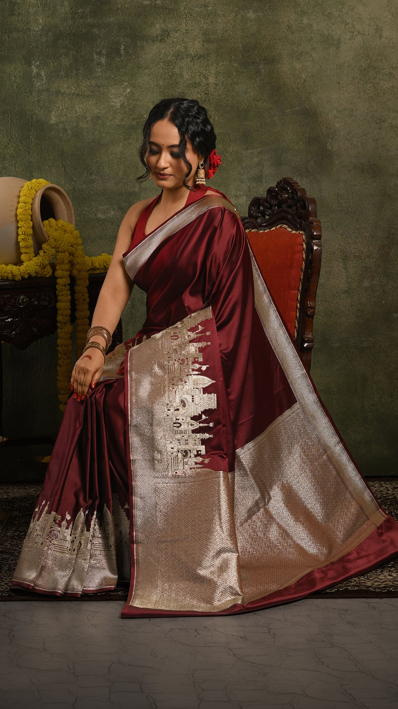 Dark Maroon Ghat Mashru Banarasi Saree