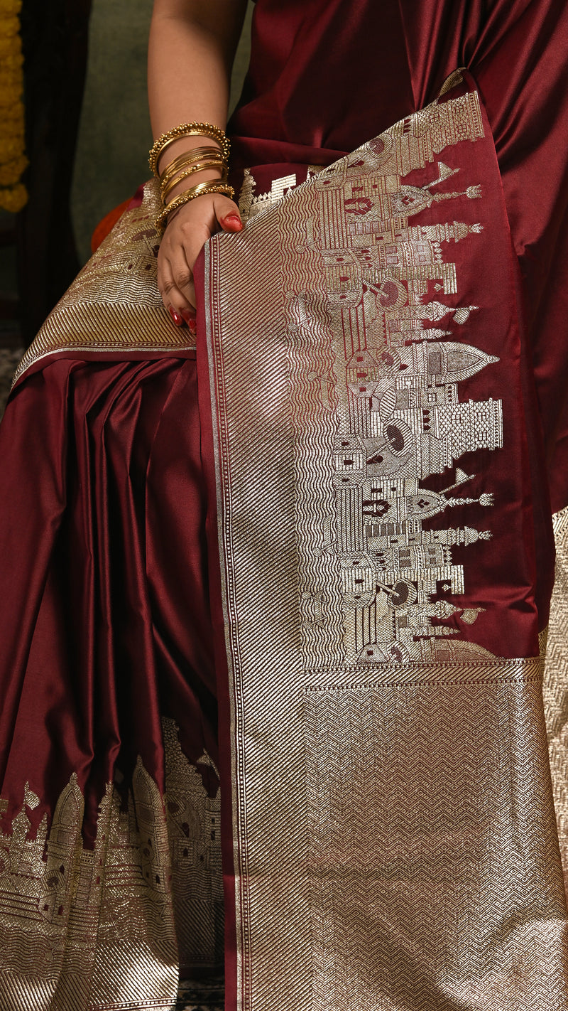Dark Maroon Ghat Mashru Banarasi Saree
