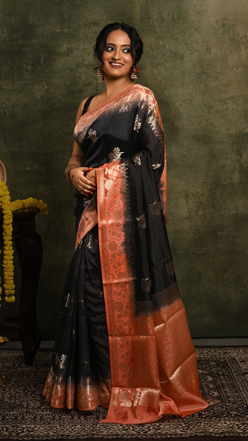 Black and Peach Kora Silk Banarasi Saree