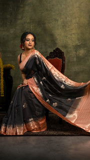 Black and Peach Kora Silk Banarasi Saree