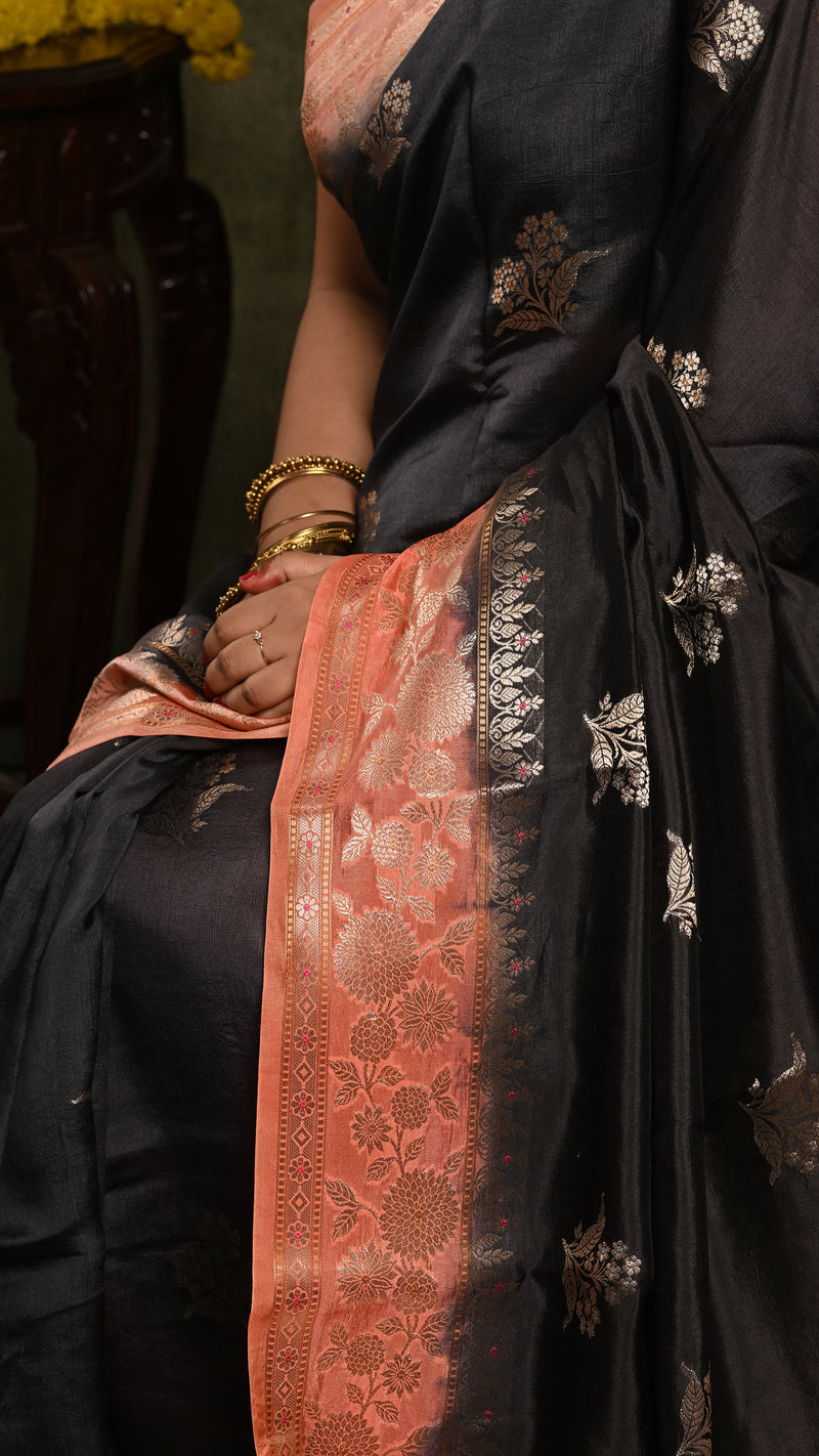 Black and Peach Kora Silk Banarasi Saree