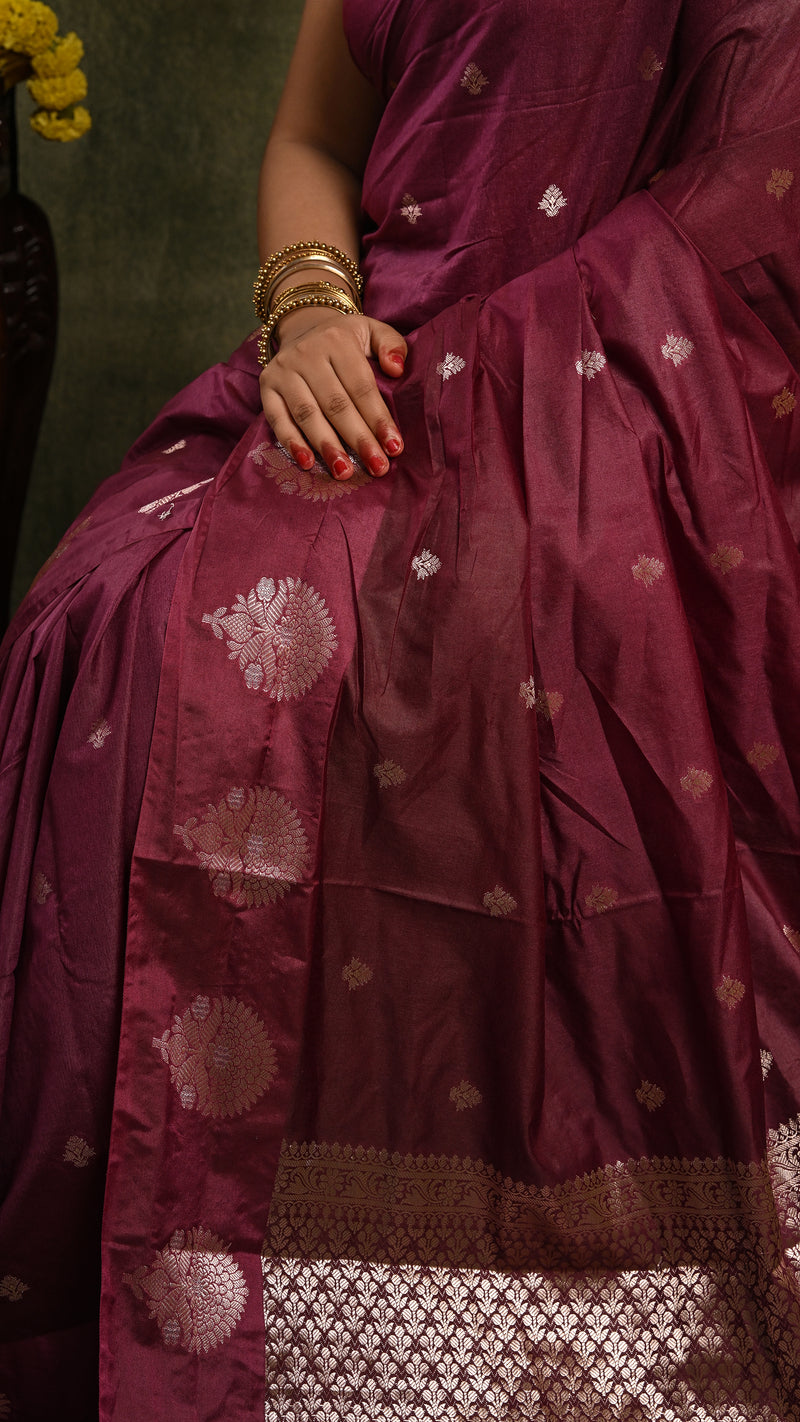 Wine Mango Silk Banarasi Saree