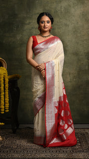 White and Red Khaddi Chiffon Banarasi Saree