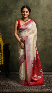 White and Red Khaddi Chiffon Banarasi Saree