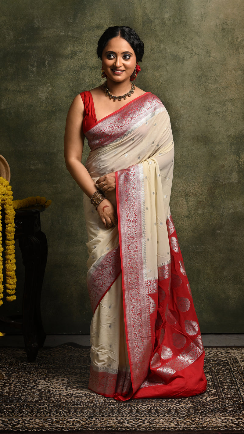 White and Red Khaddi Chiffon Banarasi Saree
