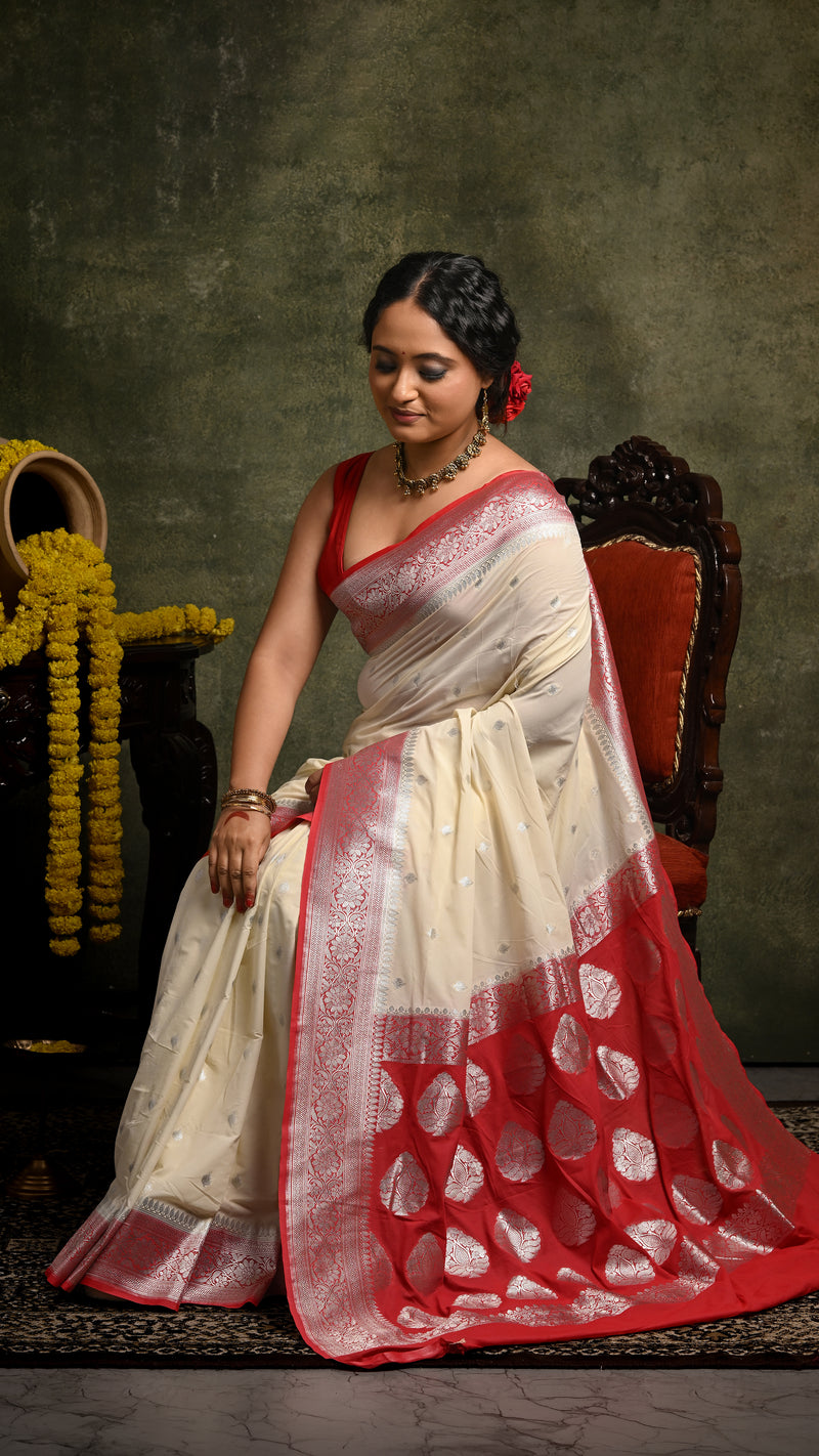 White and Red Khaddi Chiffon Banarasi Saree