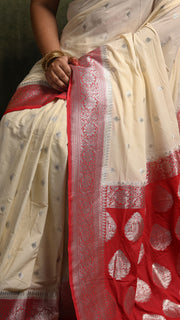 White and Red Khaddi Chiffon Banarasi Saree