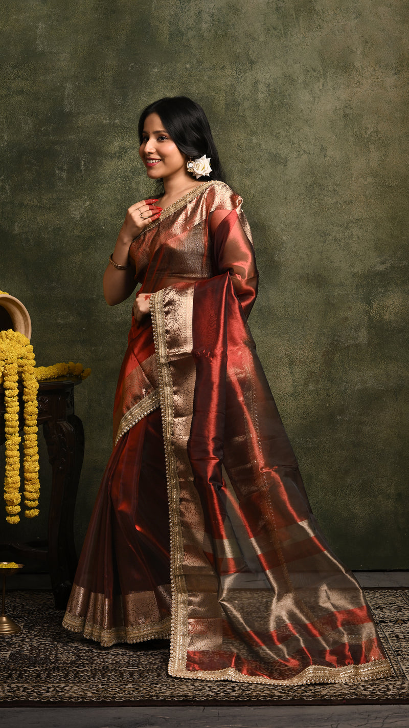 Dark Maroon Dual tone Tissue Banarasi Saree