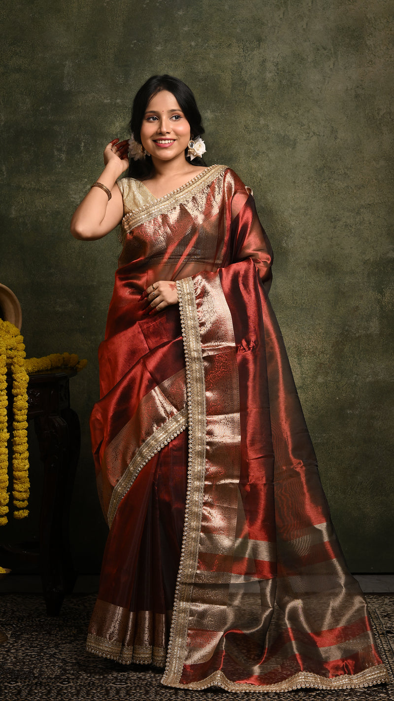 Dark Maroon Dual tone Tissue Banarasi Saree