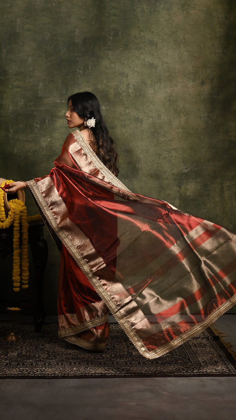 Dark Maroon Dual tone Tissue Banarasi Saree