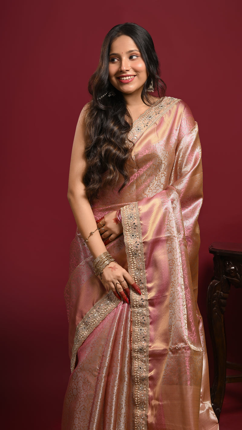 Rose Gold Kanjivaram style Tissue Silk Banarasi Saree