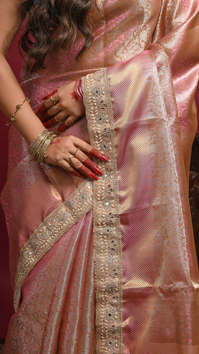 Rose Gold Kanjivaram style Tissue Silk Banarasi Saree