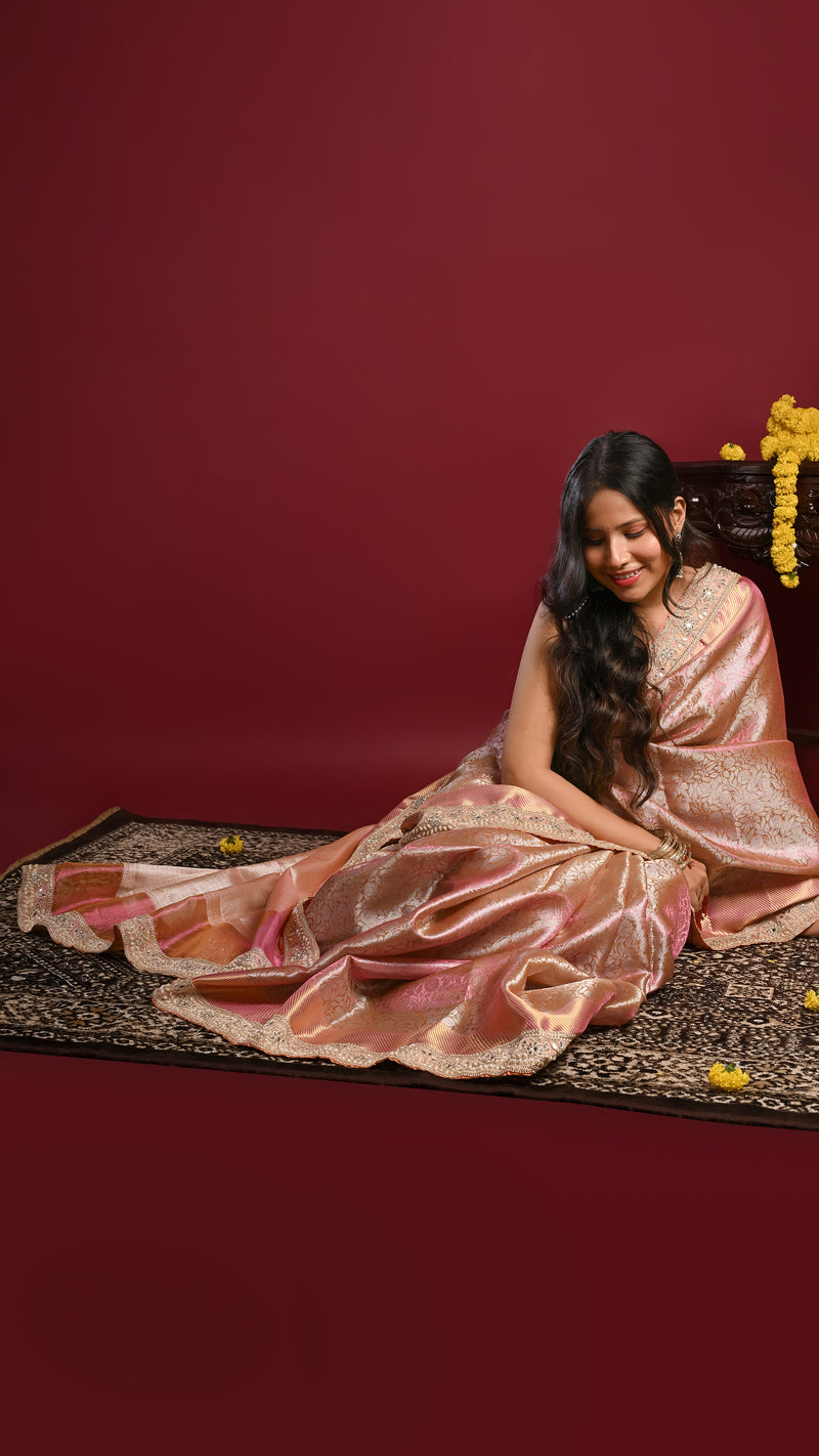 Rose Gold Kanjivaram style Tissue Silk Banarasi Saree