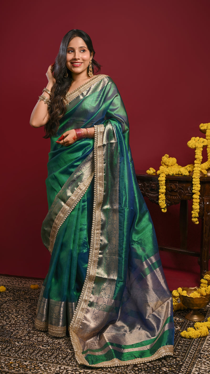 Peacock Blue Dual tone Tissue Banarasi Saree