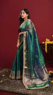 Peacock Blue Dual tone Tissue Banarasi Saree