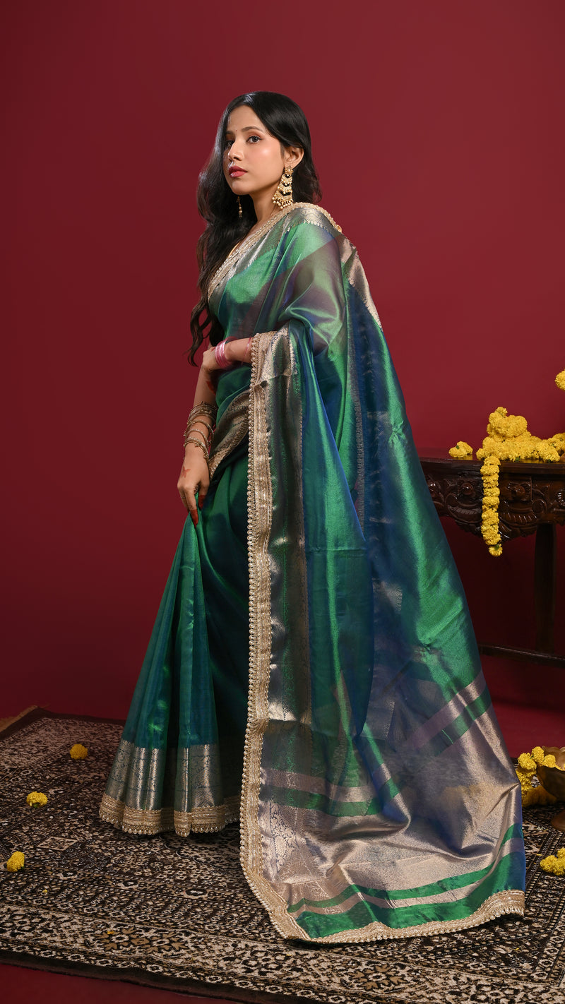 Peacock Blue Dual tone Tissue Banarasi Saree
