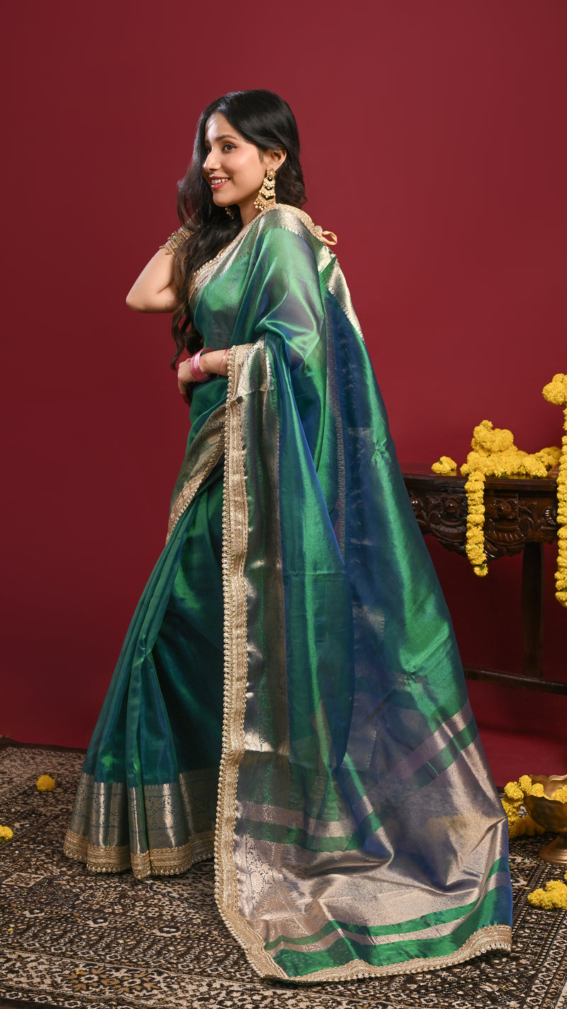 Peacock Blue Dual tone Tissue Banarasi Saree