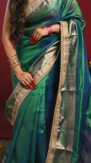 Peacock Blue Dual tone Tissue Banarasi Saree