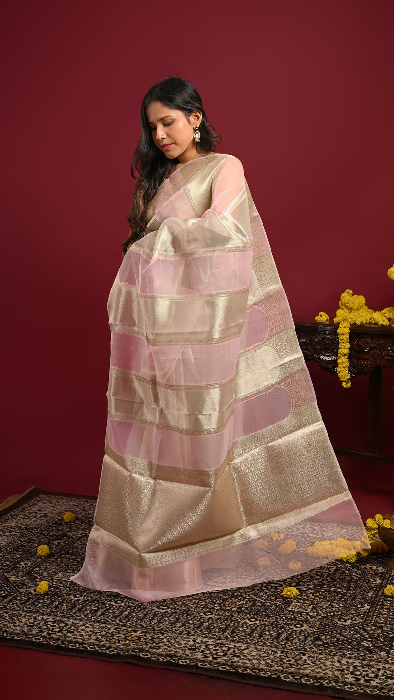 Blush Pink and Gold Tissue Silk Saree