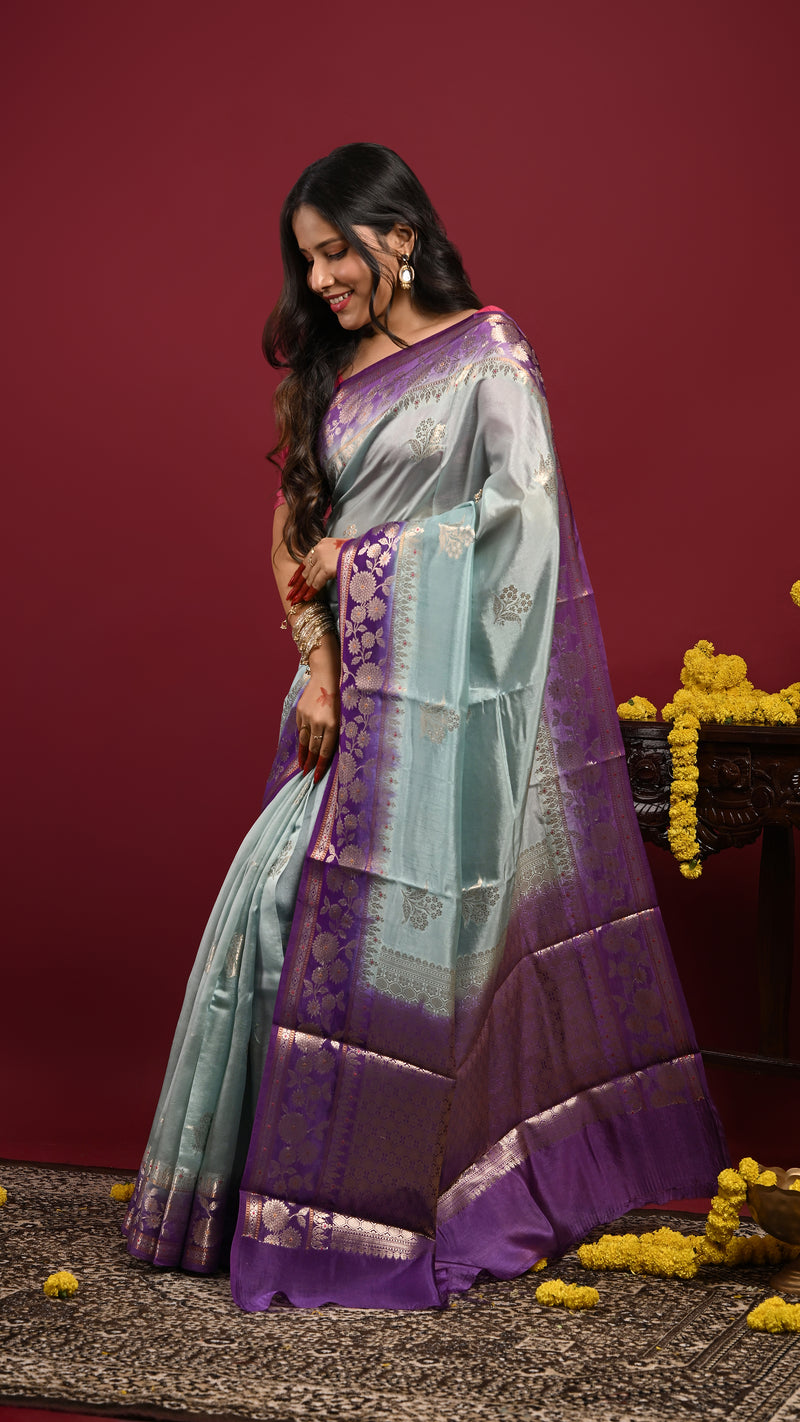 Ice Blue and Violet Kora Banarasi Saree