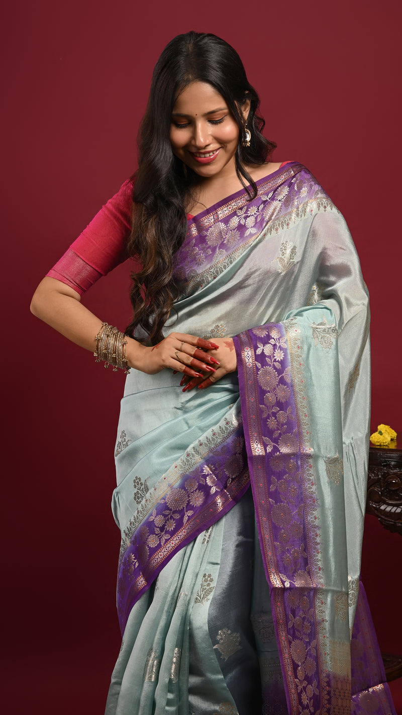Ice Blue and Violet Kora Banarasi Saree