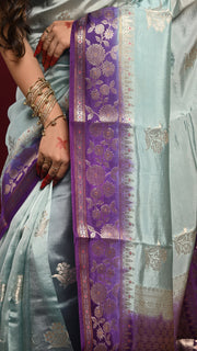 Ice Blue and Violet Kora Banarasi Saree