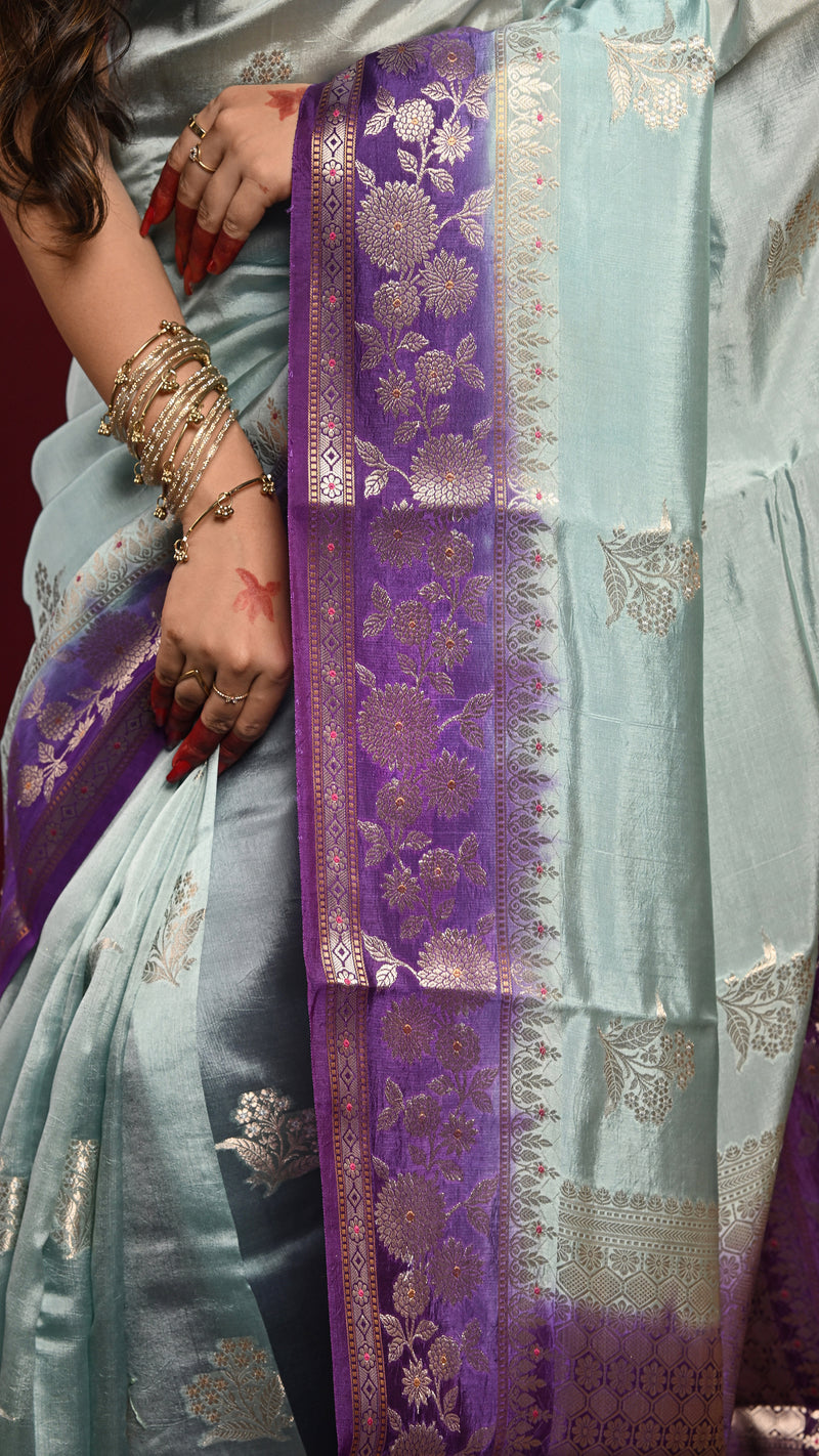 Ice Blue and Violet Kora Banarasi Saree