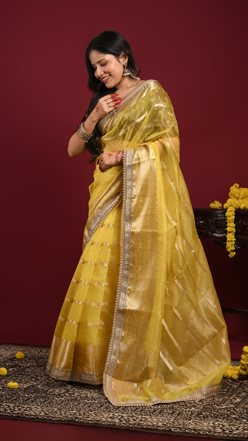 Yellow Organza Banarasi Saree