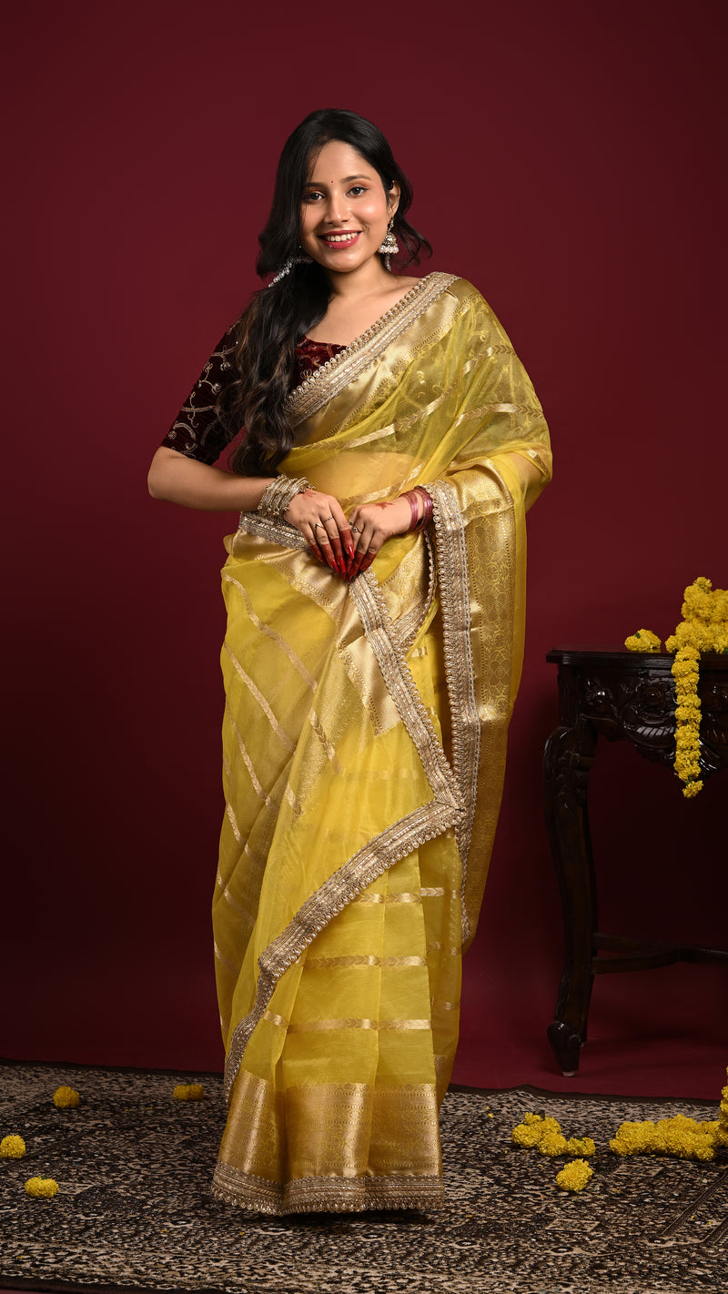 Yellow Organza Banarasi Saree