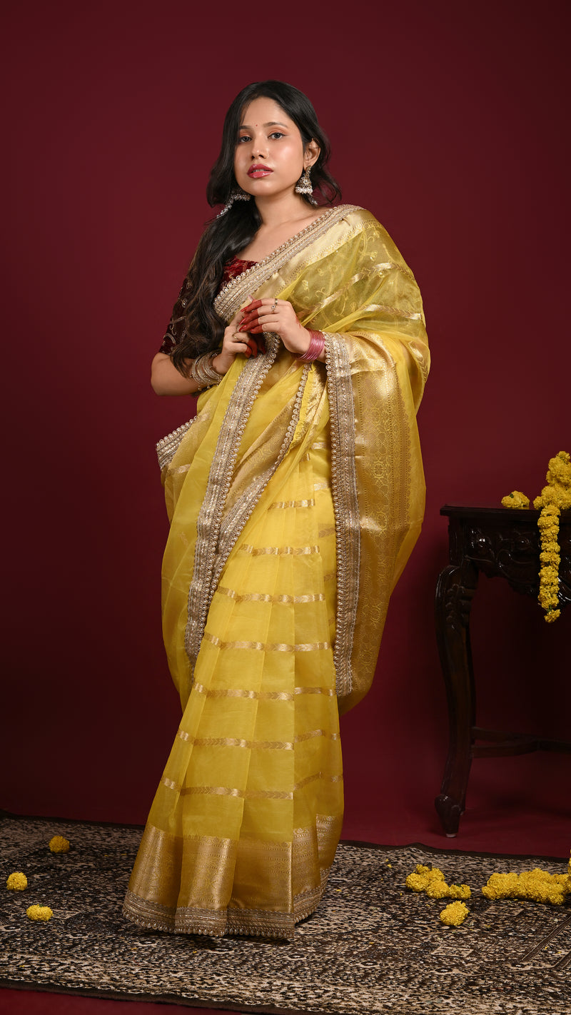 Yellow Organza Banarasi Saree
