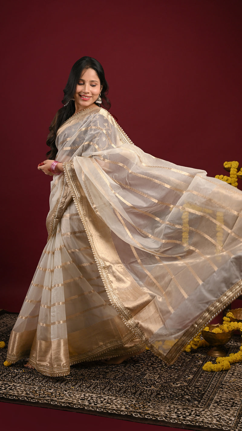 Ivory White Organza Banarasi Saree