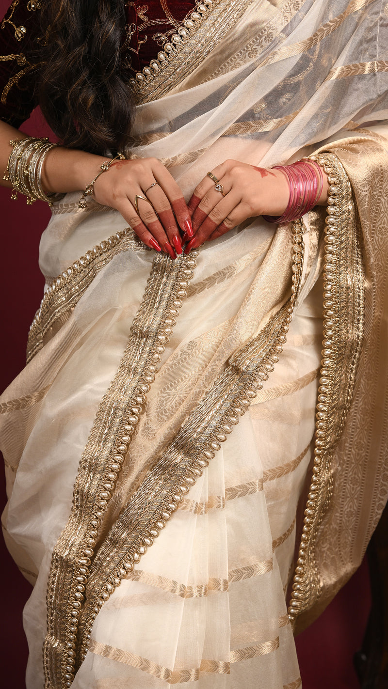Ivory White Organza Banarasi Saree
