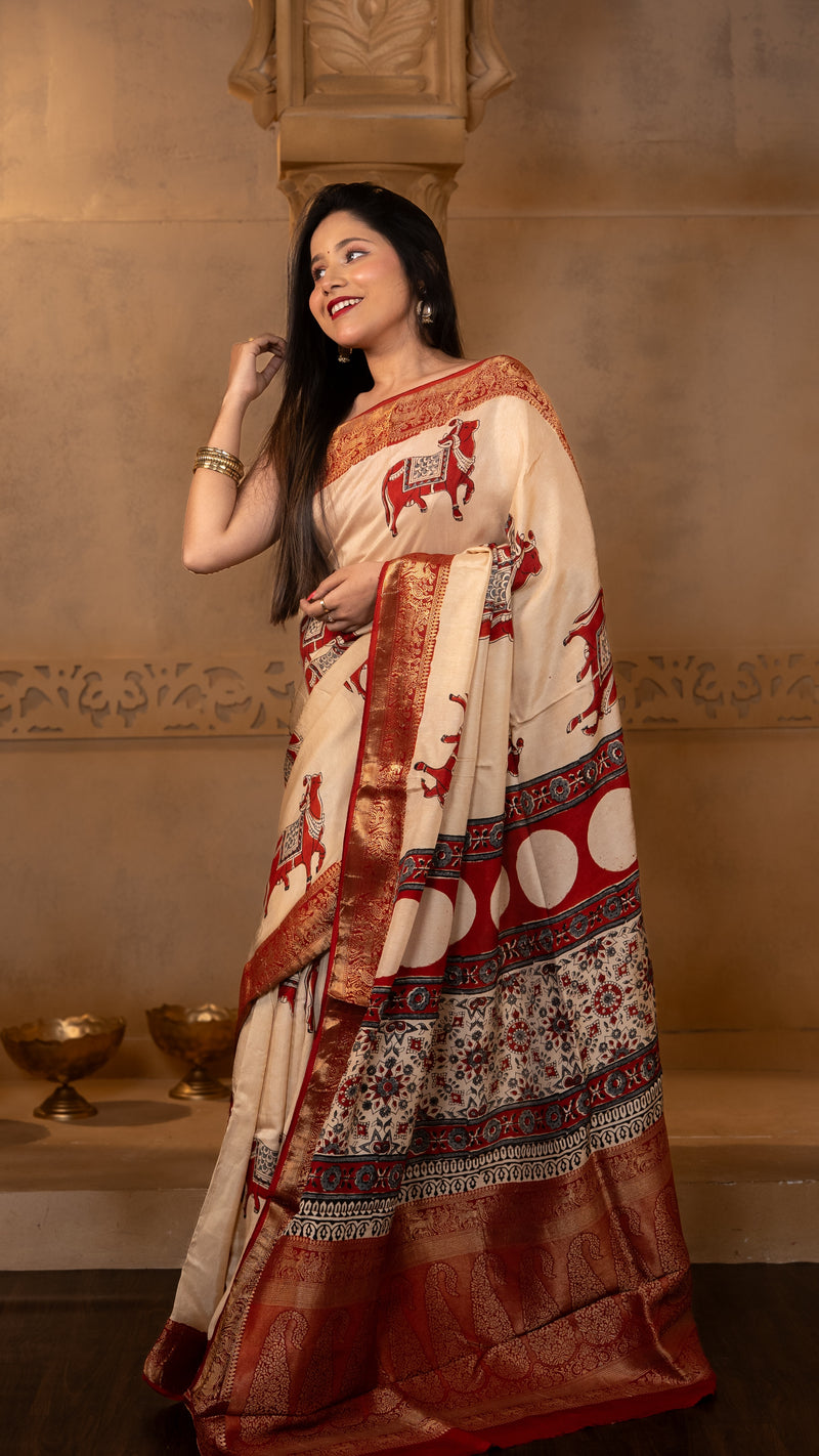 Off White and Red Nandi Ajrakh Print Dola Silk Saree with Zari Border
