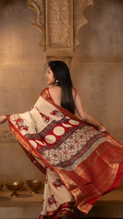 Off White and Red Nandi Ajrakh Print Dola Silk Saree with Zari Border
