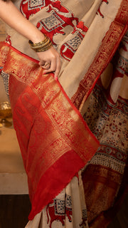 Off White and Red Nandi Ajrakh Print Dola Silk Saree with Zari Border