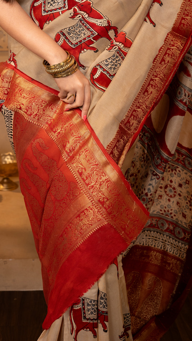 Off White and Red Nandi Ajrakh Print Dola Silk Saree with Zari Border