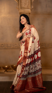 Off White and Red Nandi Ajrakh Print Dola Silk Saree with Zari Border