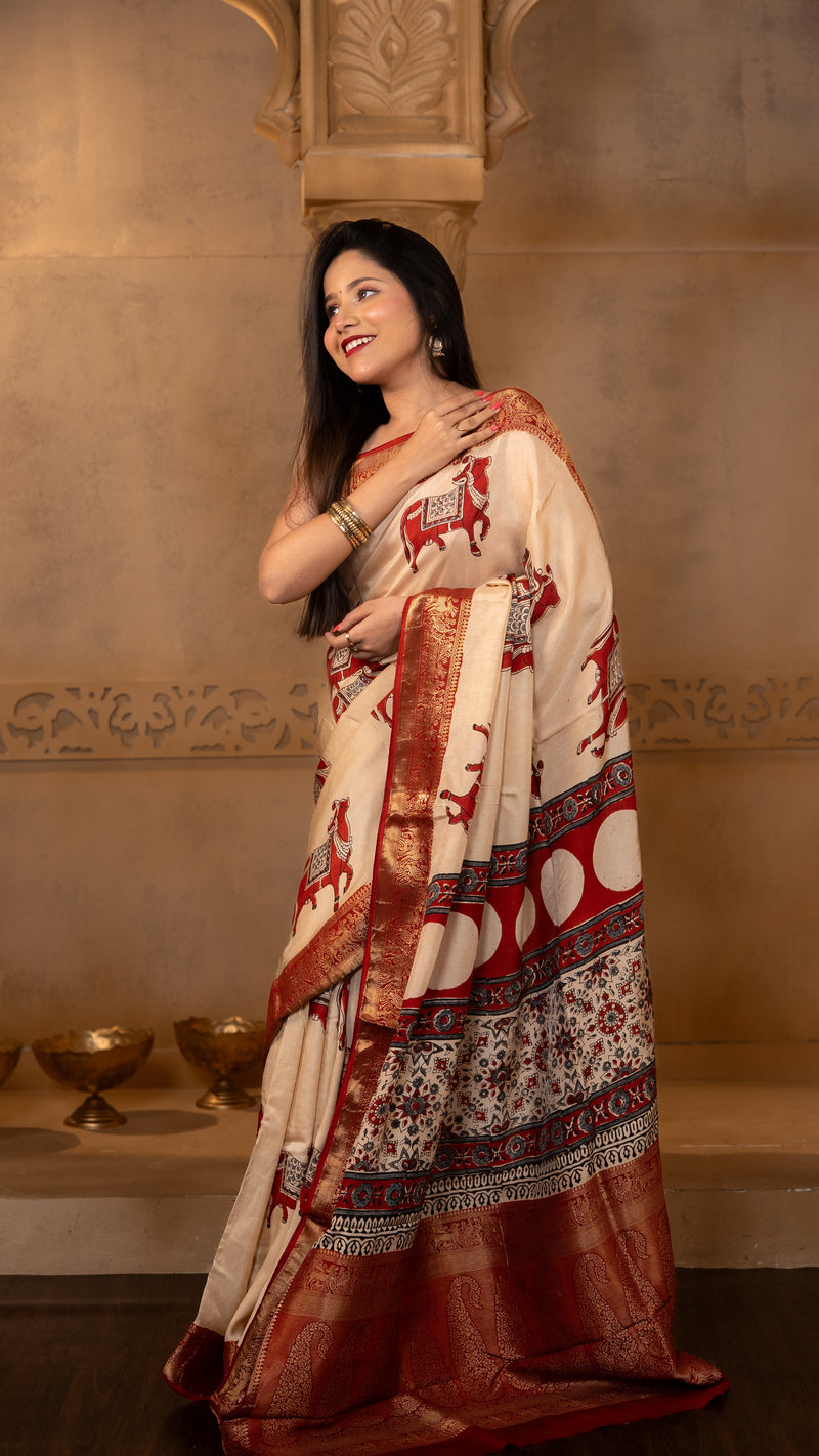 Off White and Red Nandi Ajrakh Print Dola Silk Saree with Zari Border