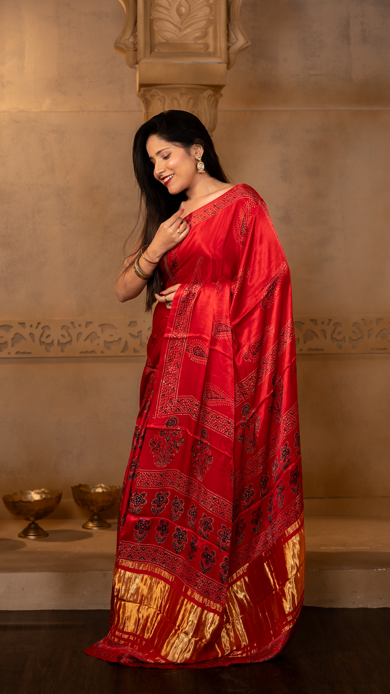 Crimson/Bright Red Ajrakh Print Modal Silk Saree with Tissue Pallu