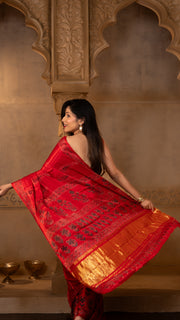 Crimson/Bright Red Ajrakh Print Modal Silk Saree with Tissue Pallu