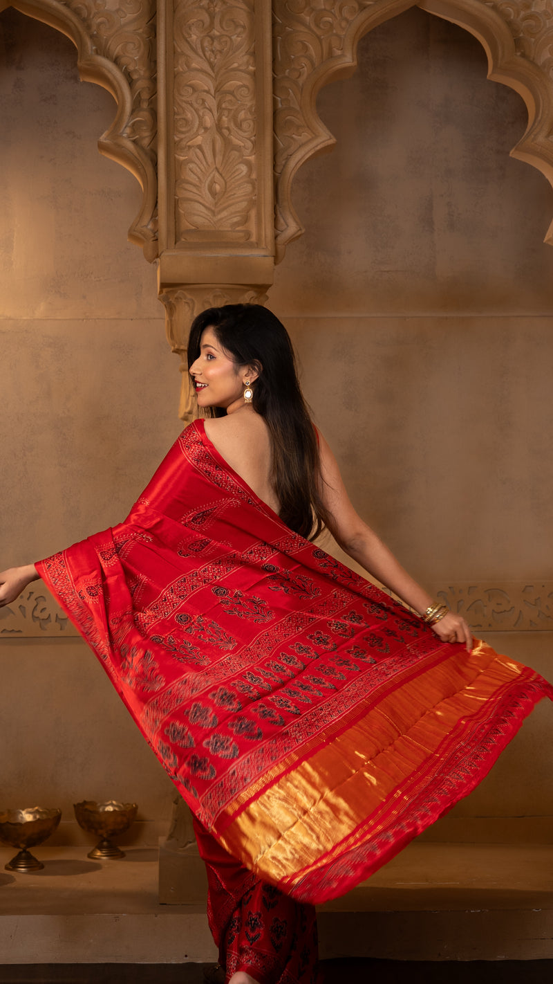 Crimson/Bright Red Ajrakh Print Modal Silk Saree with Tissue Pallu
