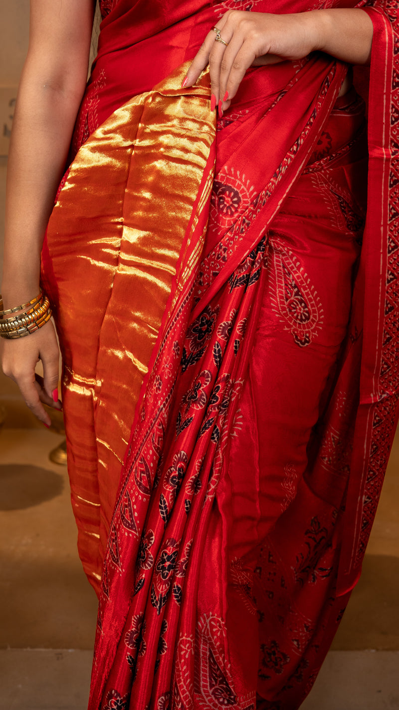 Crimson/Bright Red Ajrakh Print Modal Silk Saree with Tissue Pallu