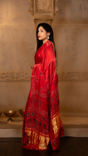 Crimson/Bright Red Ajrakh Print Modal Silk Saree with Tissue Pallu