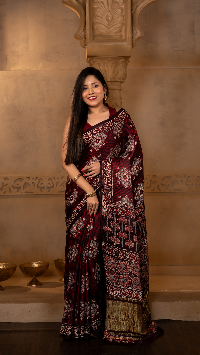 Maroon Ajrakh Print Modal Silk Saree with Tissue Pallu