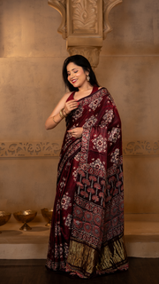 Maroon Ajrakh Print Modal Silk Saree with Tissue Pallu