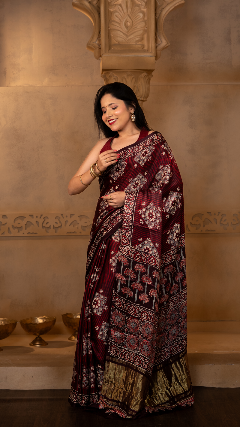 Maroon Ajrakh Print Modal Silk Saree with Tissue Pallu