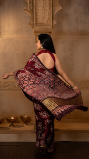 Maroon Ajrakh Print Modal Silk Saree with Tissue Pallu